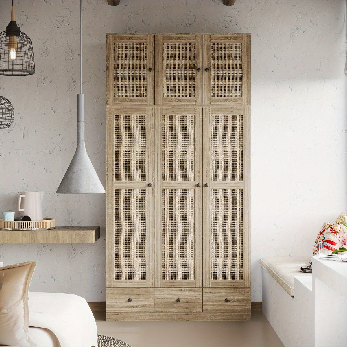 Rattan Wardrobe Closet Featuring 3 Doors, 3 Drawers, and Accented Organization for Clothing Storage