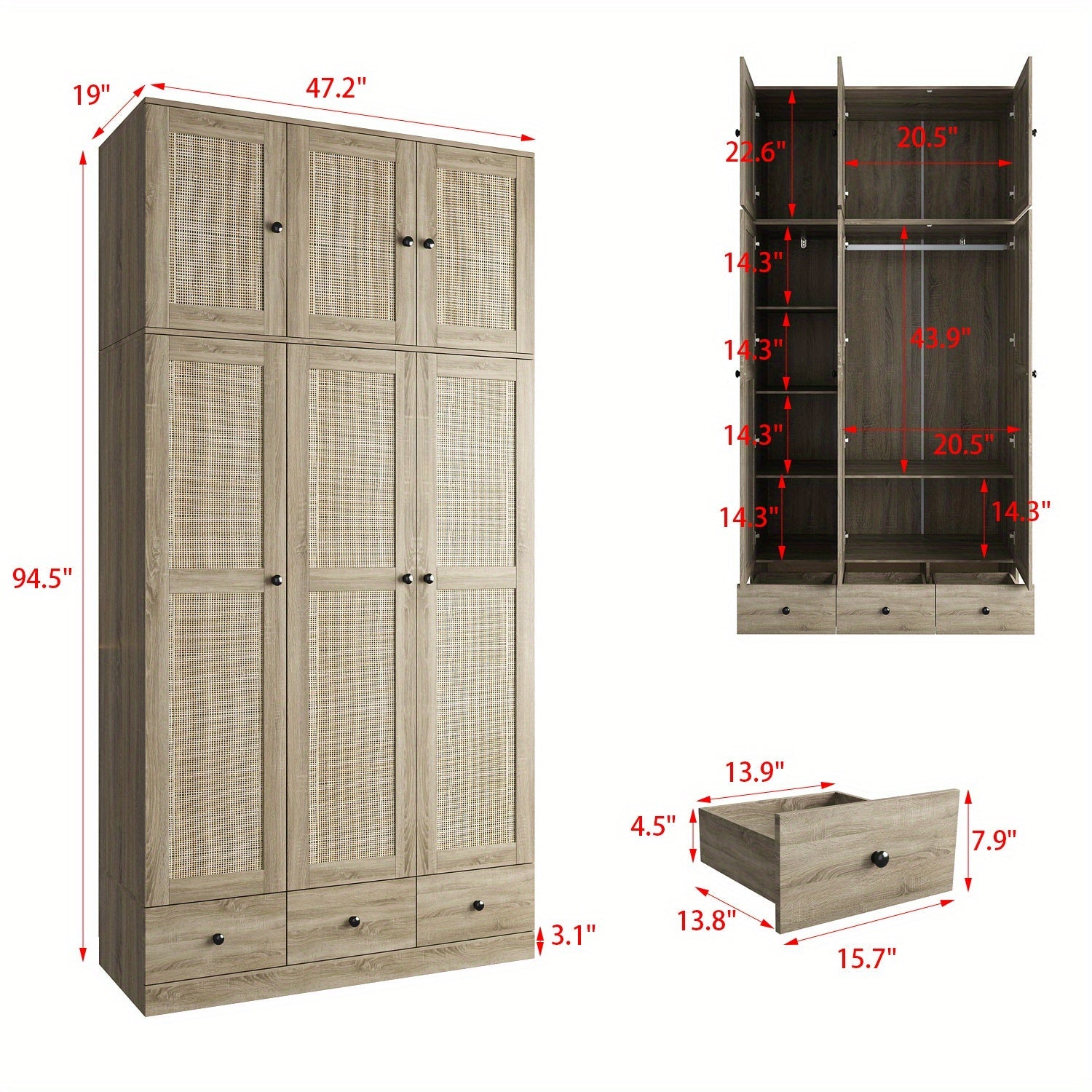 Rattan Wardrobe Closet Featuring 3 Doors, 3 Drawers, and Accented Organization for Clothing Storage