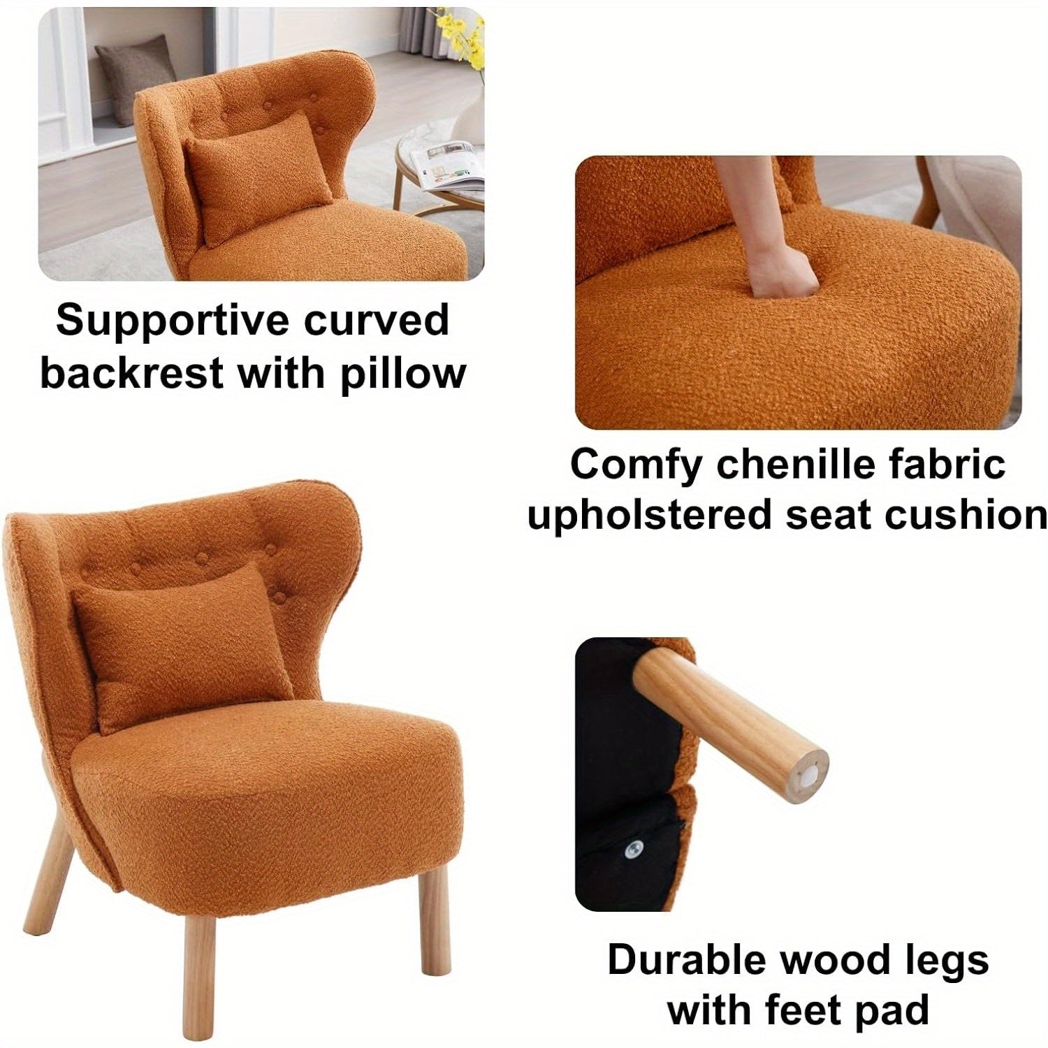 1pc Cozy Sherpa Upholstered Accent Chair with Curved Backrest - Modern Reading Chair with Lumbar Support, Wooden Legs & Armrests, Perfect for Living Room, Bedroom, or Office - Easy to Clean, Brown, Chair for Living Room