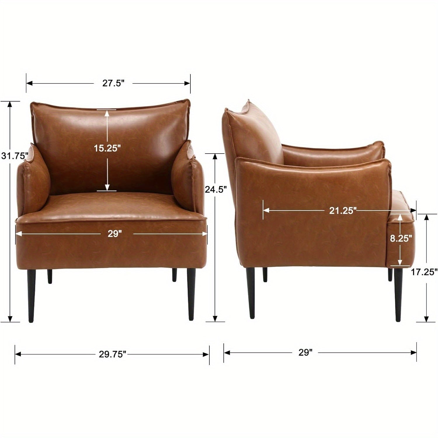 1 Pc Upholstered Brown PU Leather Arm chair, Small Living Room Accent Chair with Armrest Comfy Cushion Sofa Chairs with metal legs for Living Room Guestroom Waiting Room