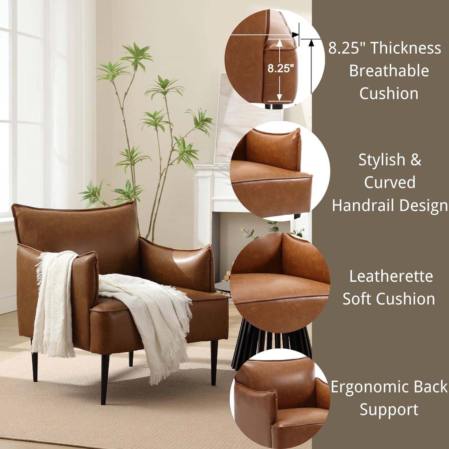 1 Pc Upholstered Brown PU Leather Arm chair, Small Living Room Accent Chair with Armrest Comfy Cushion Sofa Chairs with metal legs for Living Room Guestroom Waiting Room