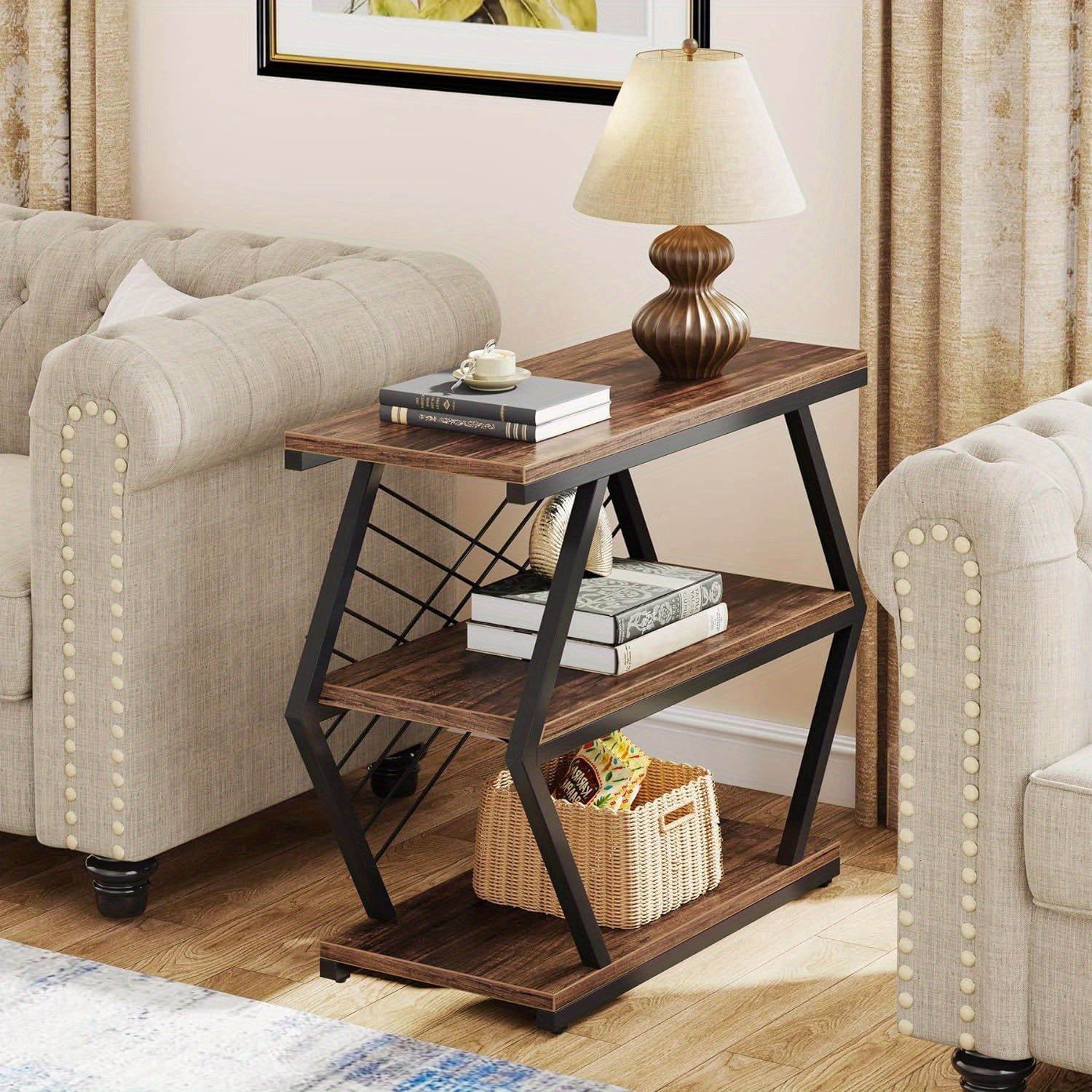 25" Industrial-Style 3-Tier Rectangular Side Table with Geometric Metal Frame - Durable Wood and Black Finish, Open Shelving for Living Room or Bedroom Decor, Table Decor