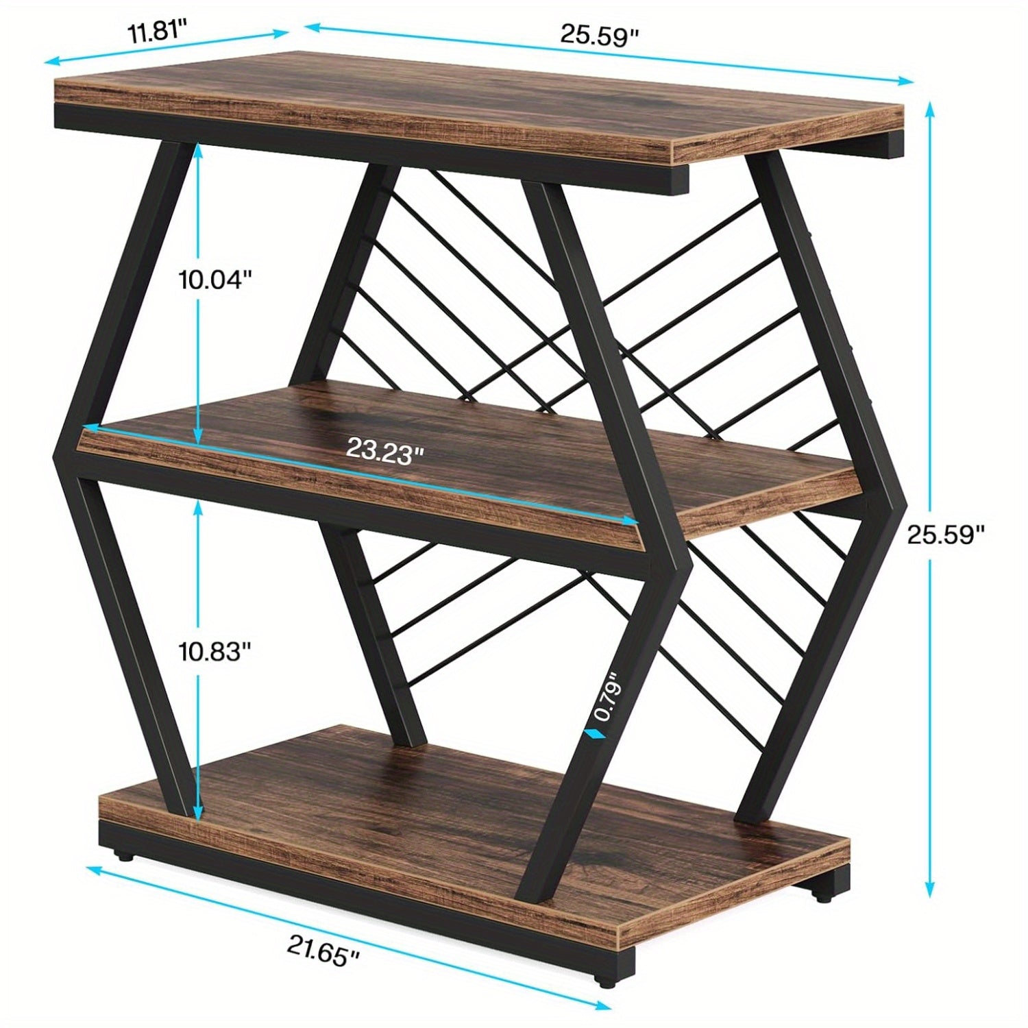 25" Industrial-Style 3-Tier Rectangular Side Table with Geometric Metal Frame - Durable Wood and Black Finish, Open Shelving for Living Room or Bedroom Decor, Table Decor