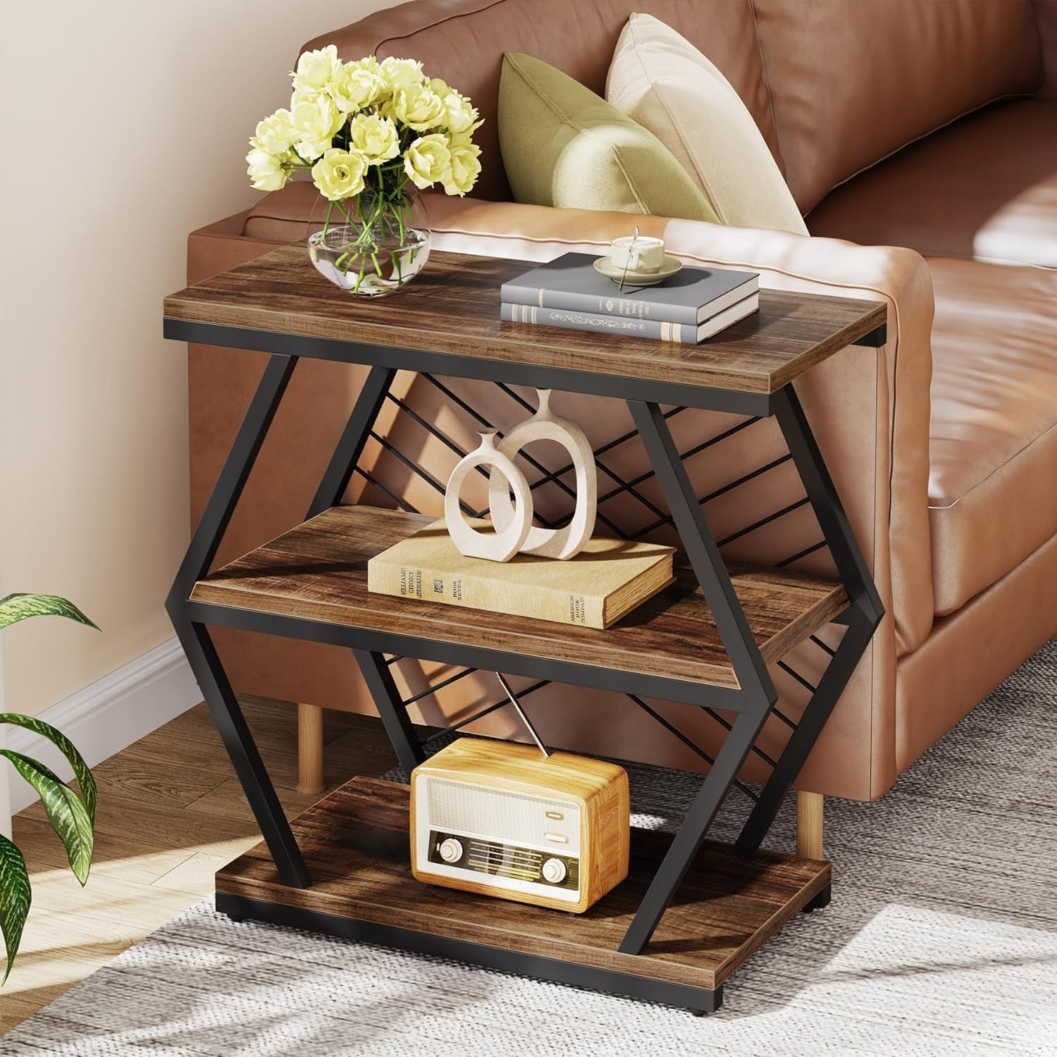 25" Industrial-Style 3-Tier Rectangular Side Table with Geometric Metal Frame - Durable Wood and Black Finish, Open Shelving for Living Room or Bedroom Decor, Table Decor