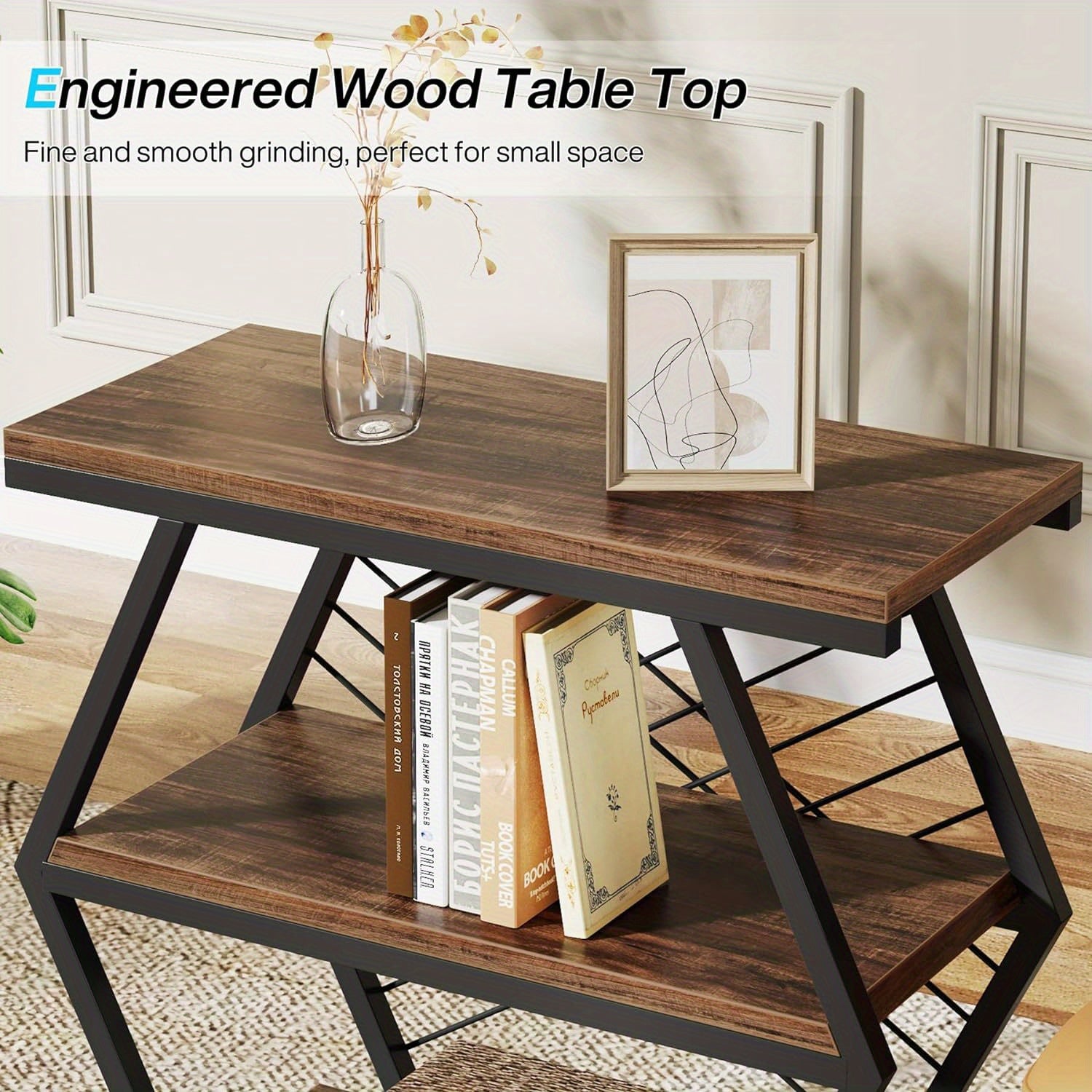 25" Industrial-Style 3-Tier Rectangular Side Table with Geometric Metal Frame - Durable Wood and Black Finish, Open Shelving for Living Room or Bedroom Decor, Table Decor