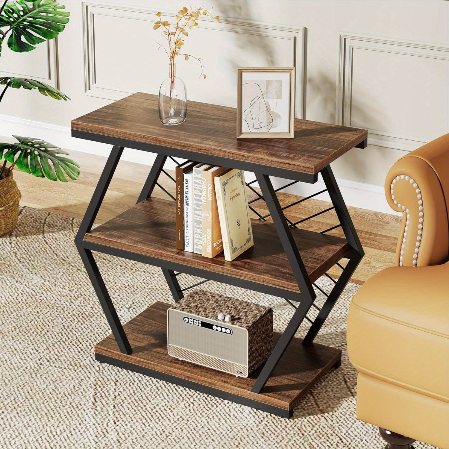 25" Industrial-Style 3-Tier Rectangular Side Table with Geometric Metal Frame - Durable Wood and Black Finish, Open Shelving for Living Room or Bedroom Decor, Table Decor