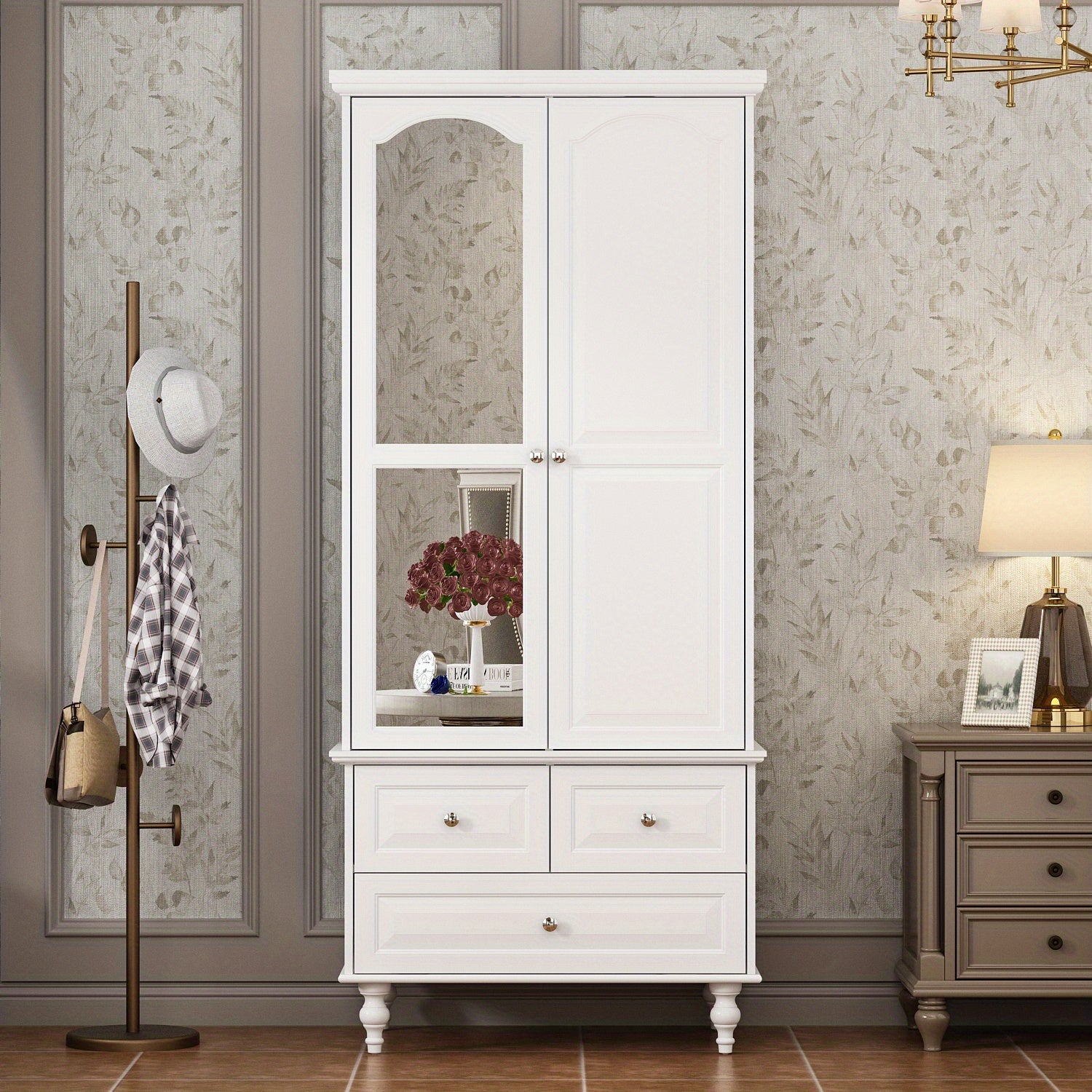 Modern large independent wardrobe with 2 doors, drawers, and mirrors, large storage capacity, white