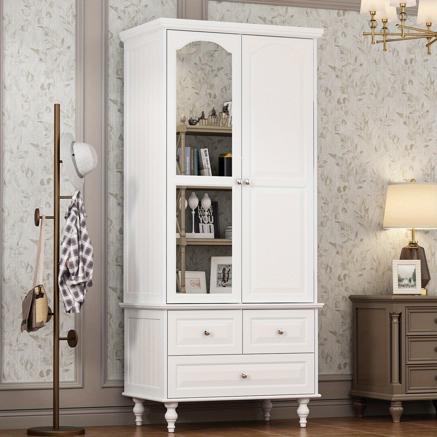 Modern large independent wardrobe with 2 doors, drawers, and mirrors, large storage capacity, white