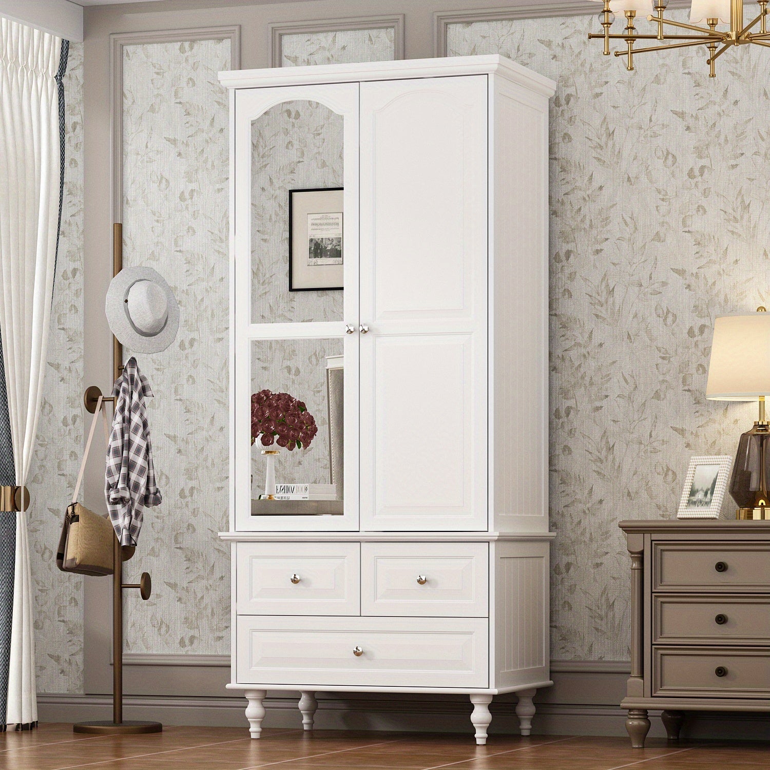 Modern large independent wardrobe with 2 doors, drawers, and mirrors, large storage capacity, white