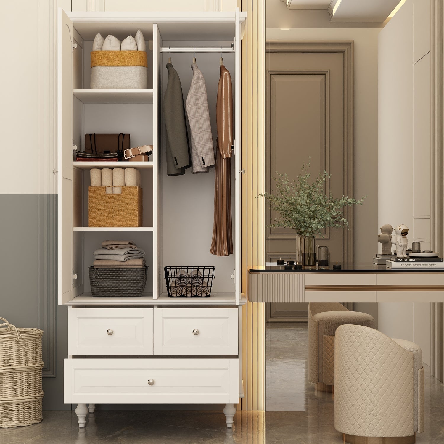 Modern large independent wardrobe with 2 doors, drawers, and mirrors, large storage capacity, white