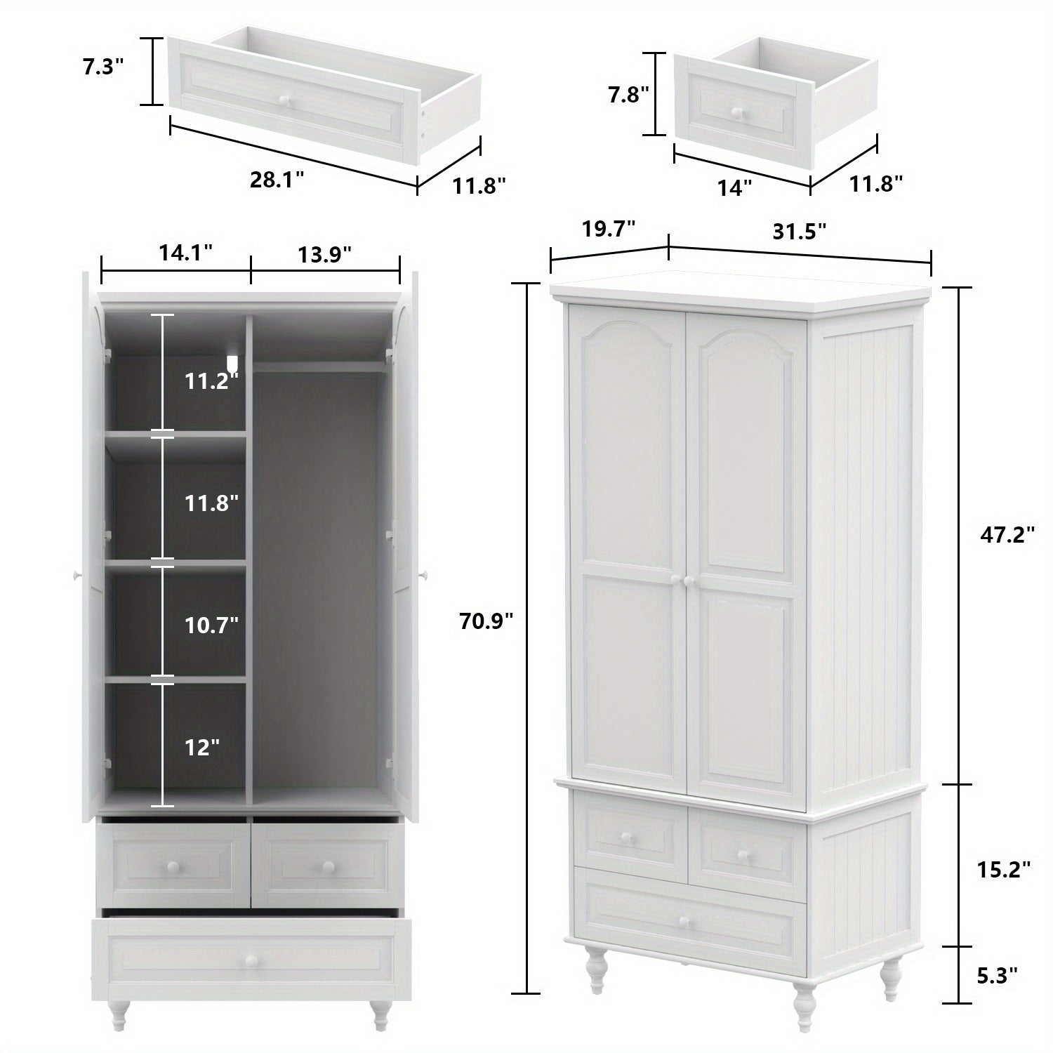 Modern large independent wardrobe with 2 doors, drawers, and mirrors, large storage capacity, white