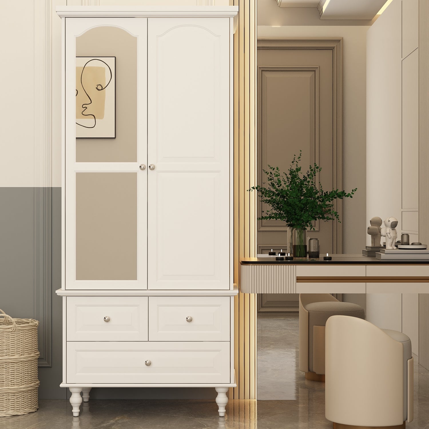 Modern large independent wardrobe with 2 doors, drawers, and mirrors, large storage capacity, white