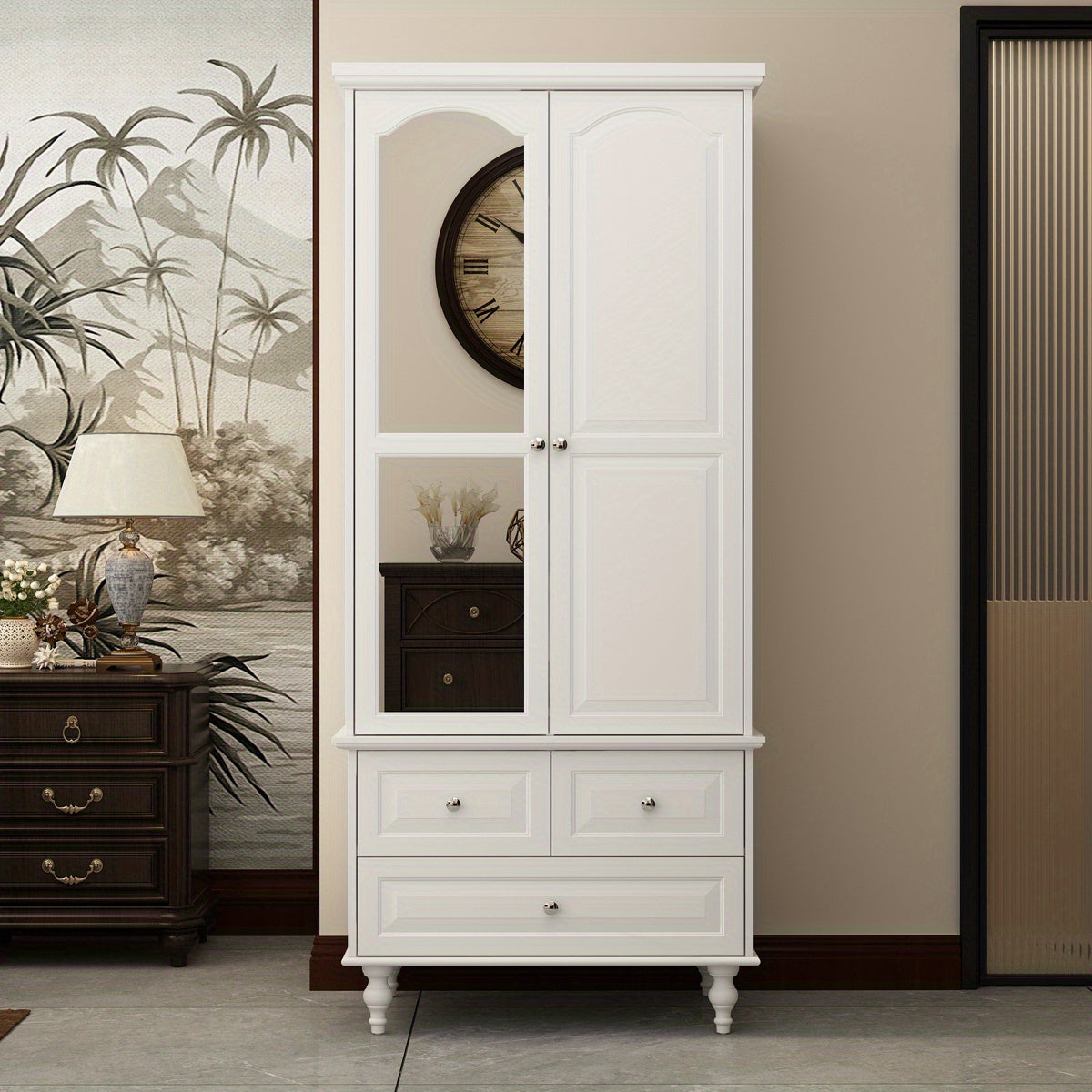 Modern Bedroom Armoire Wardrobe Closet with Mirror Hanging Rod Lacquer