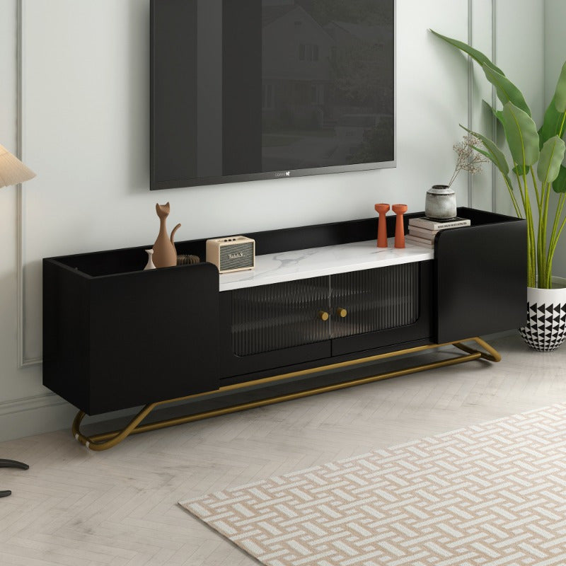 Sleek Design TV Stand with Fluted Glass, Contemporary Entertainment Center for TVs Up to 70", Faux Marble Top TV Console Table with Golden Frame Base, Black