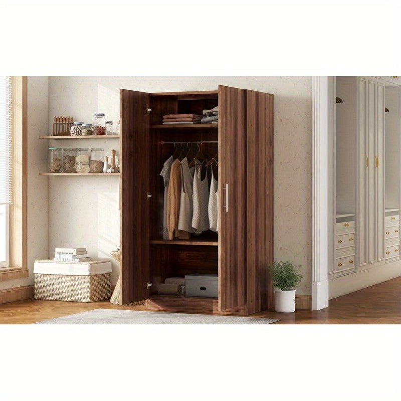 2-Door Wooden Wardrobe Armoire with 3 Storage Shelves, Brown