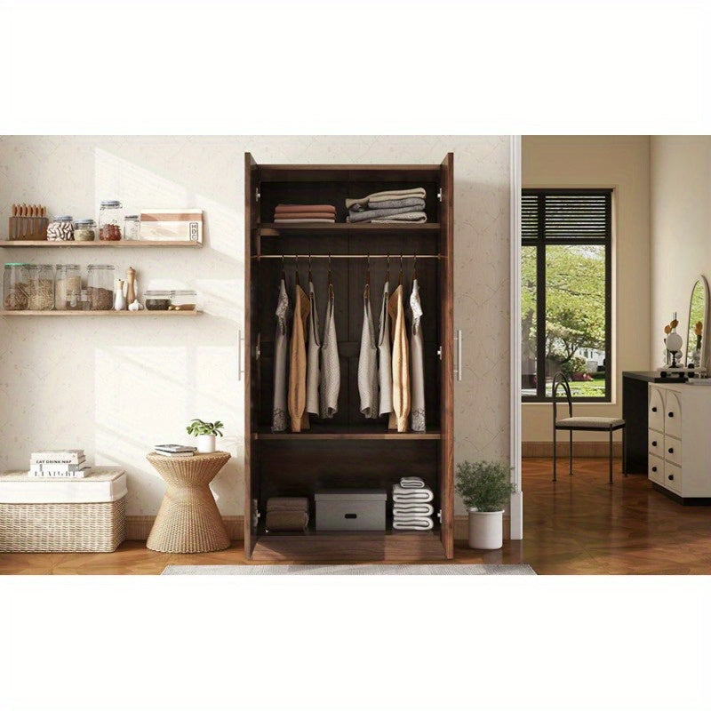 2-Door Wooden Wardrobe Armoire with 3 Storage Shelves, Brown