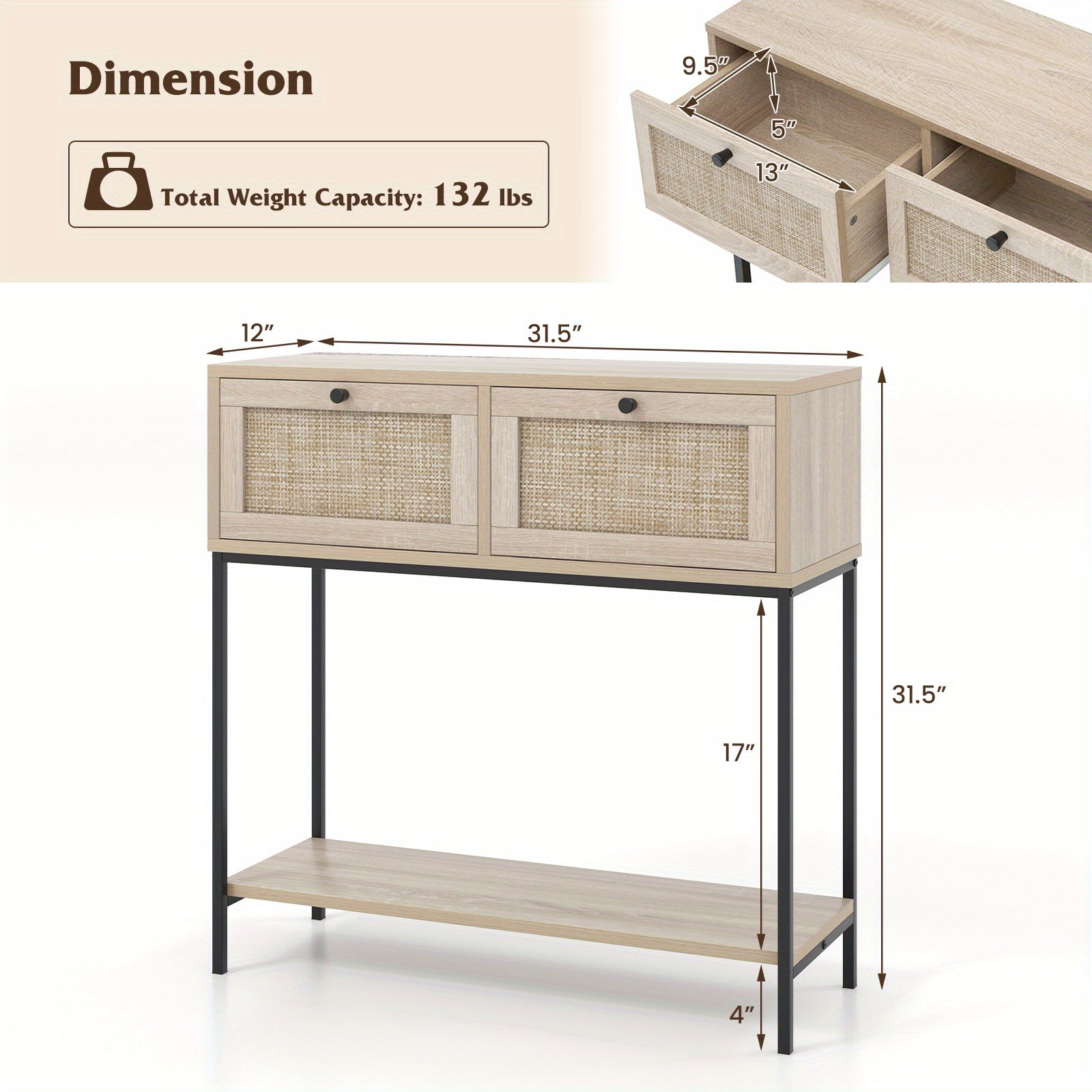 Rattan Console Table w/ 2 Rattan Drawers & Open Storage Shelf Metal Legs Oak