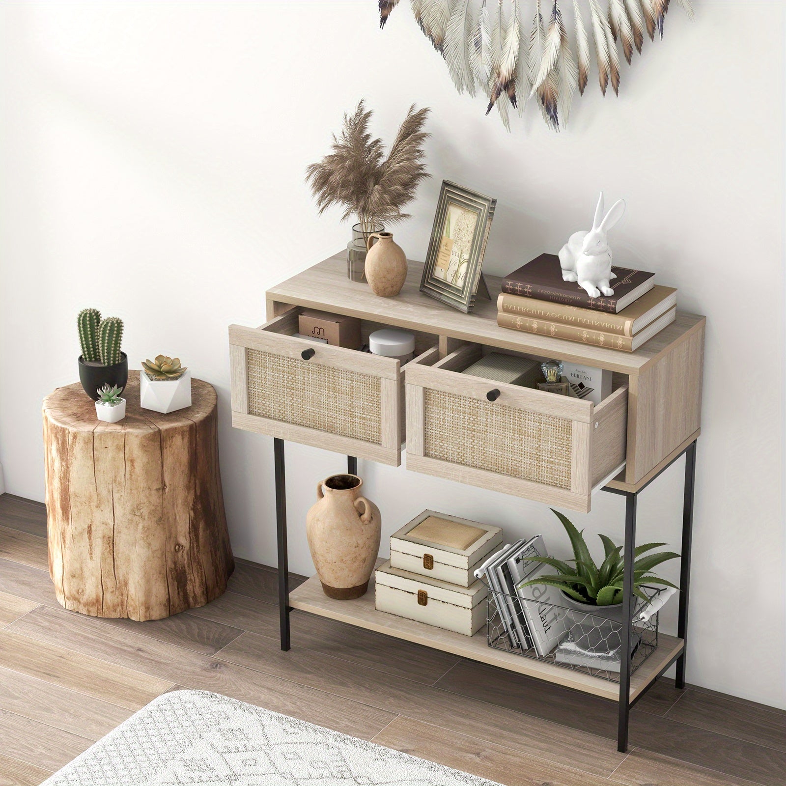 Rattan Console Table w/ 2 Rattan Drawers & Open Storage Shelf Metal Legs Oak