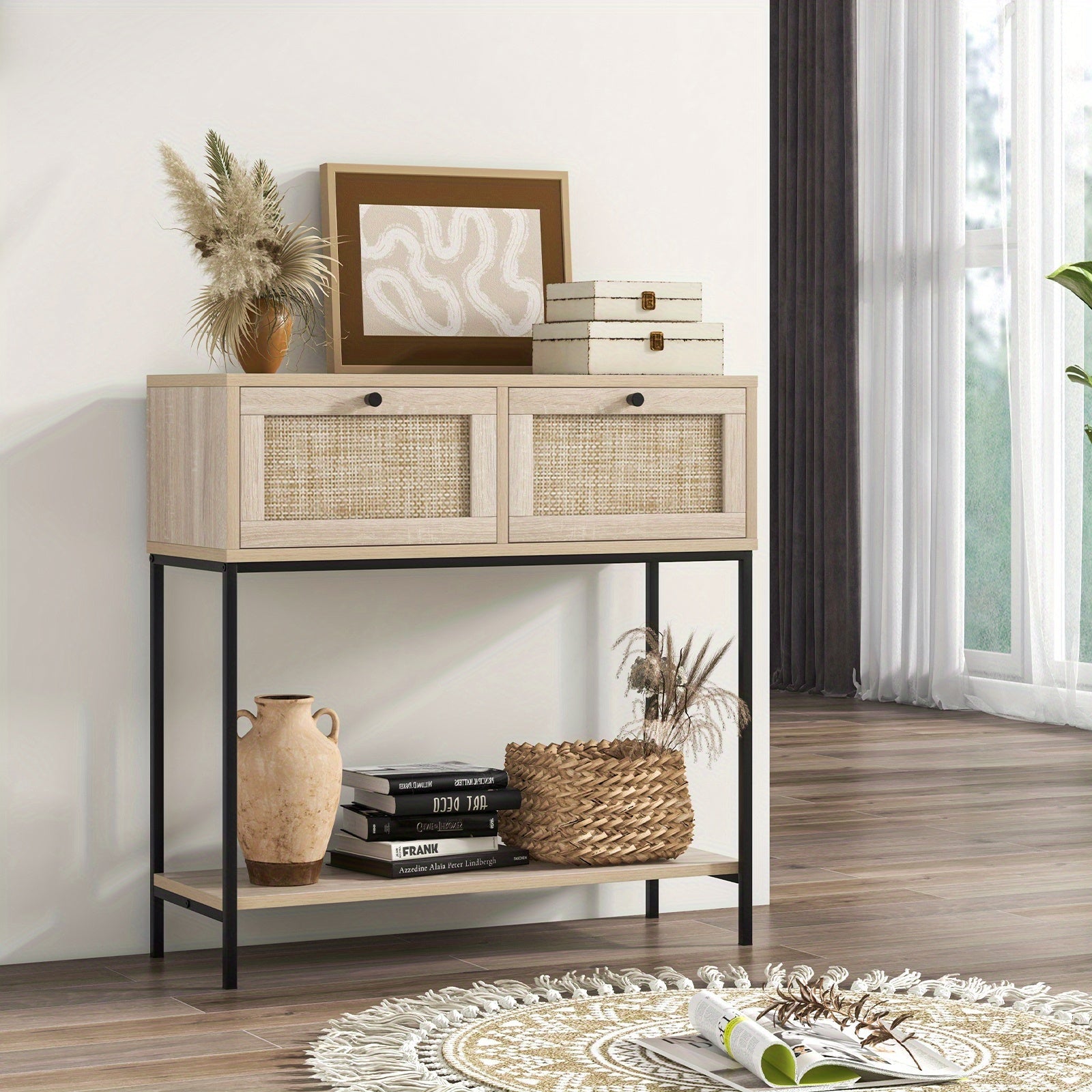 Rattan Console Table w/ 2 Rattan Drawers & Open Storage Shelf Metal Legs Oak