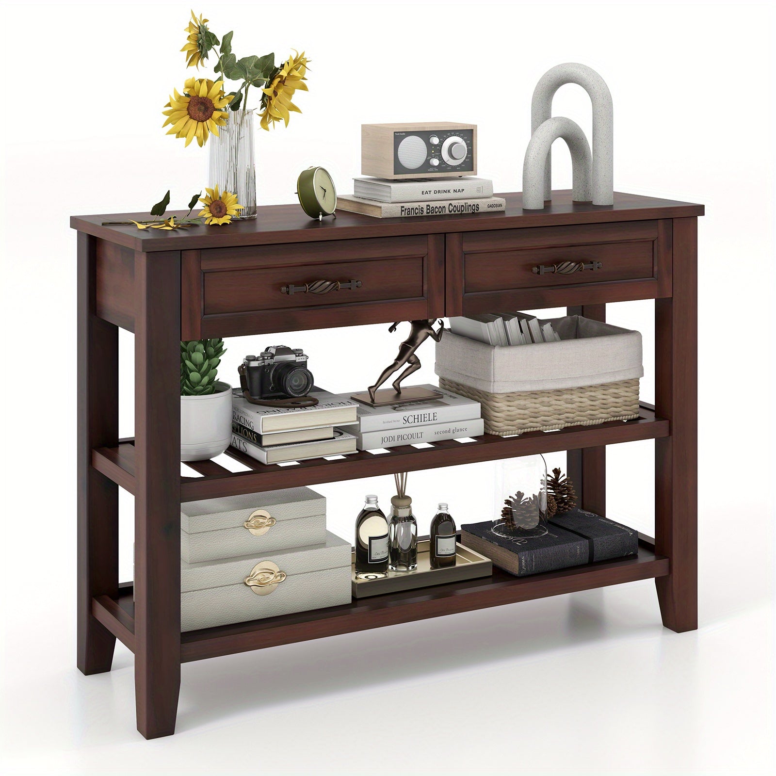 3-Tier Narrow Console Table with 2 Drawers, 2 Open Shelves, Solid Wood Legs