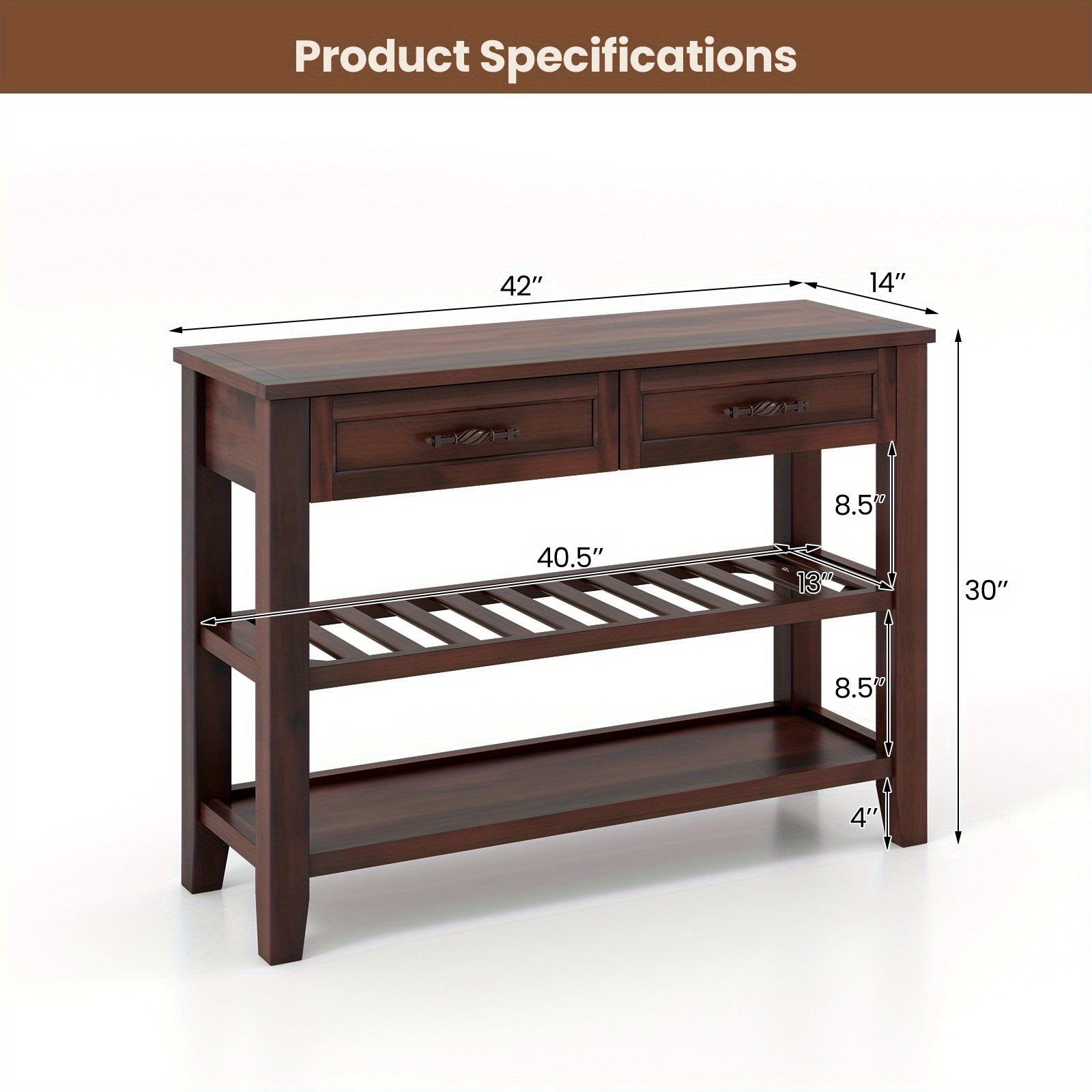 3-Tier Narrow Console Table with 2 Drawers, 2 Open Shelves, Solid Wood Legs