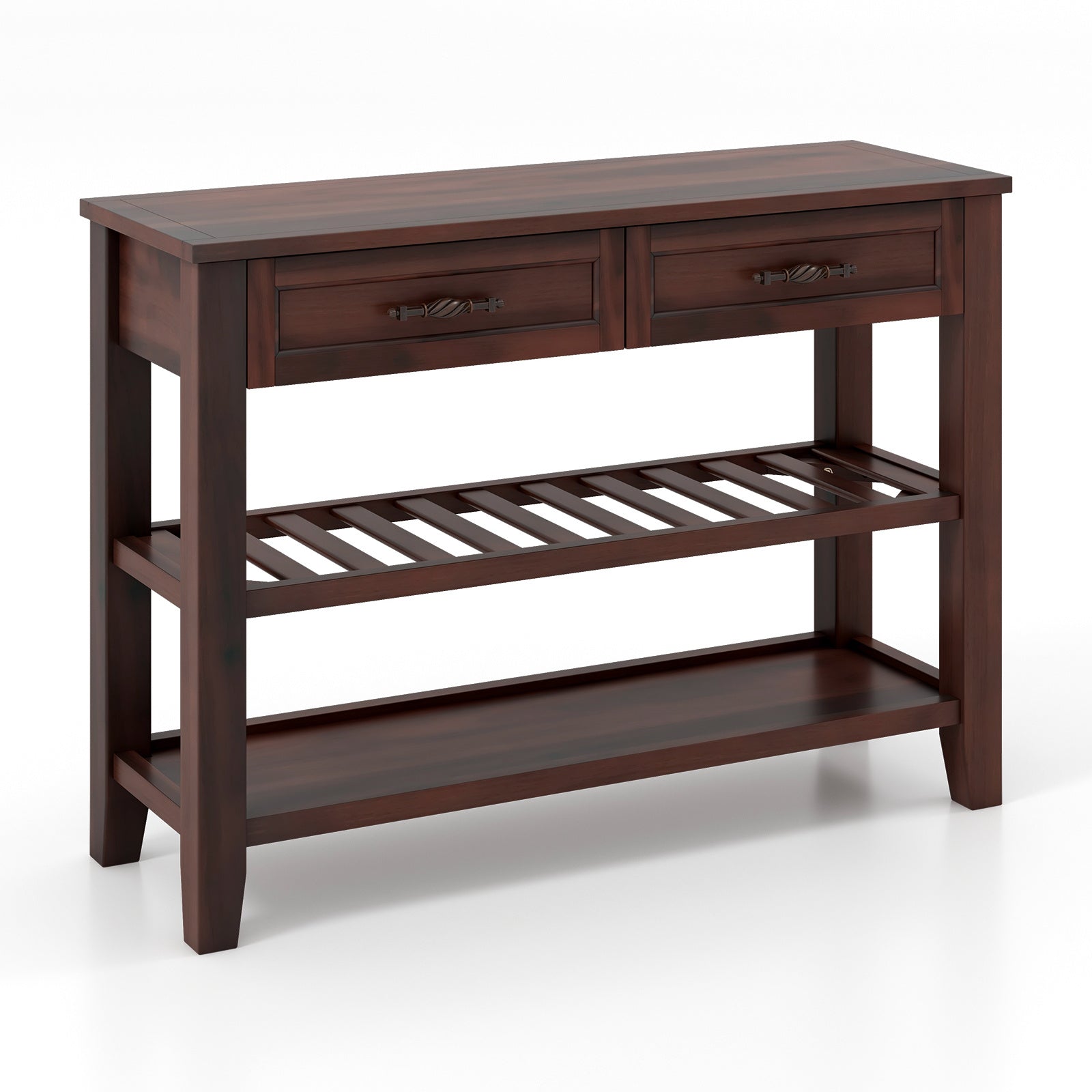 3-Tier Narrow Console Table with 2 Drawers, 2 Open Shelves, Solid Wood Legs