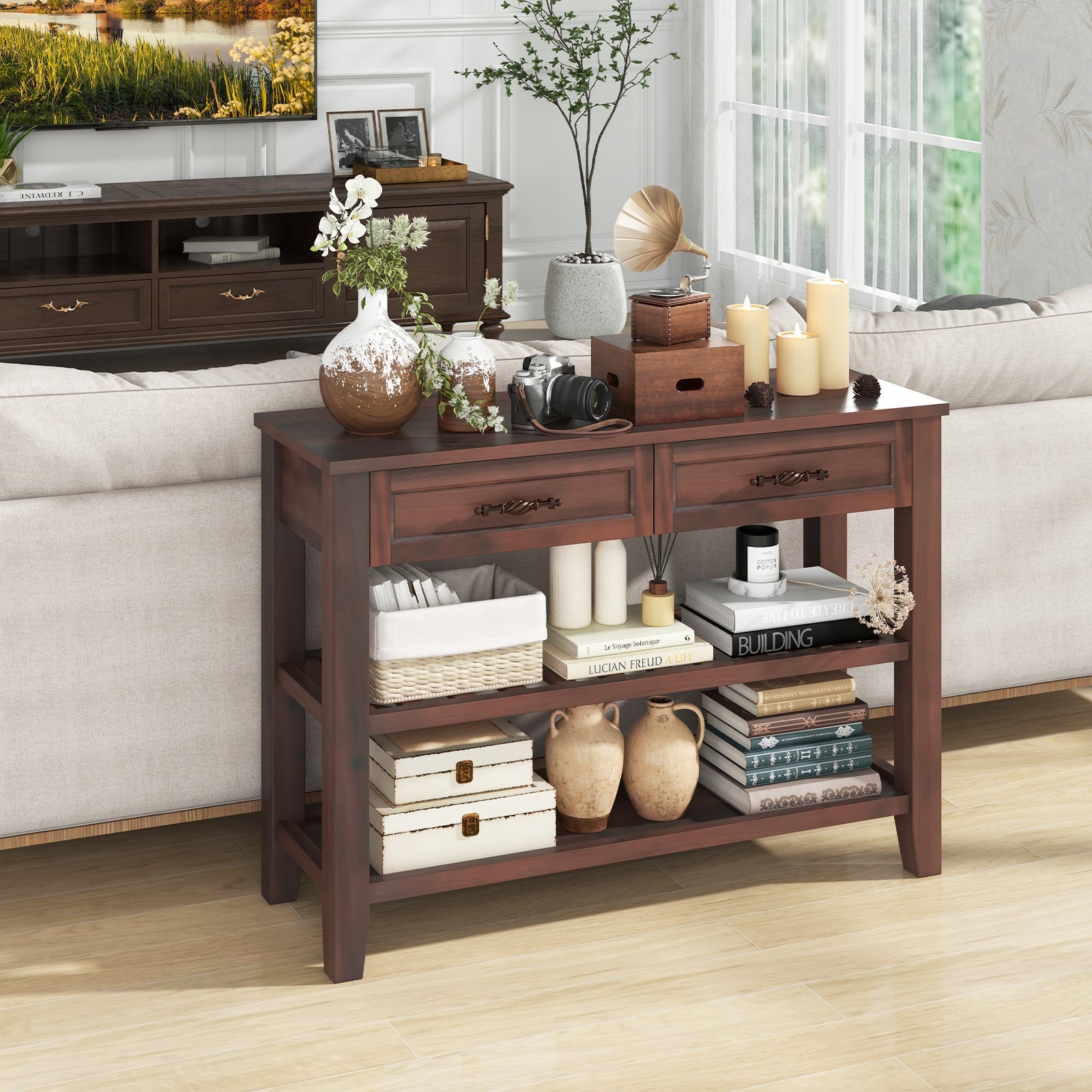 3-Tier Narrow Console Table with 2 Drawers, 2 Open Shelves, Solid Wood Legs