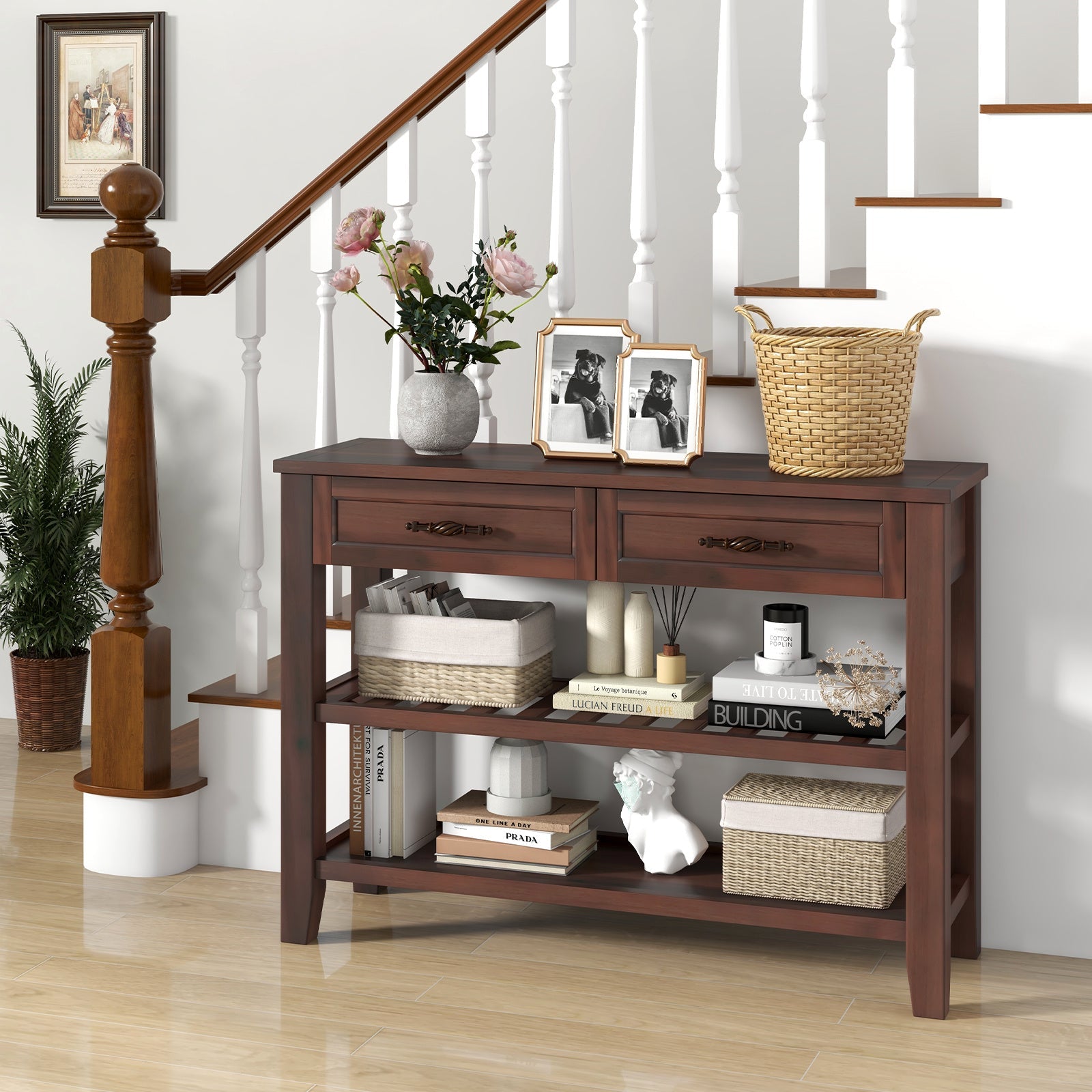 3-Tier Narrow Console Table with 2 Drawers, 2 Open Shelves, Solid Wood Legs