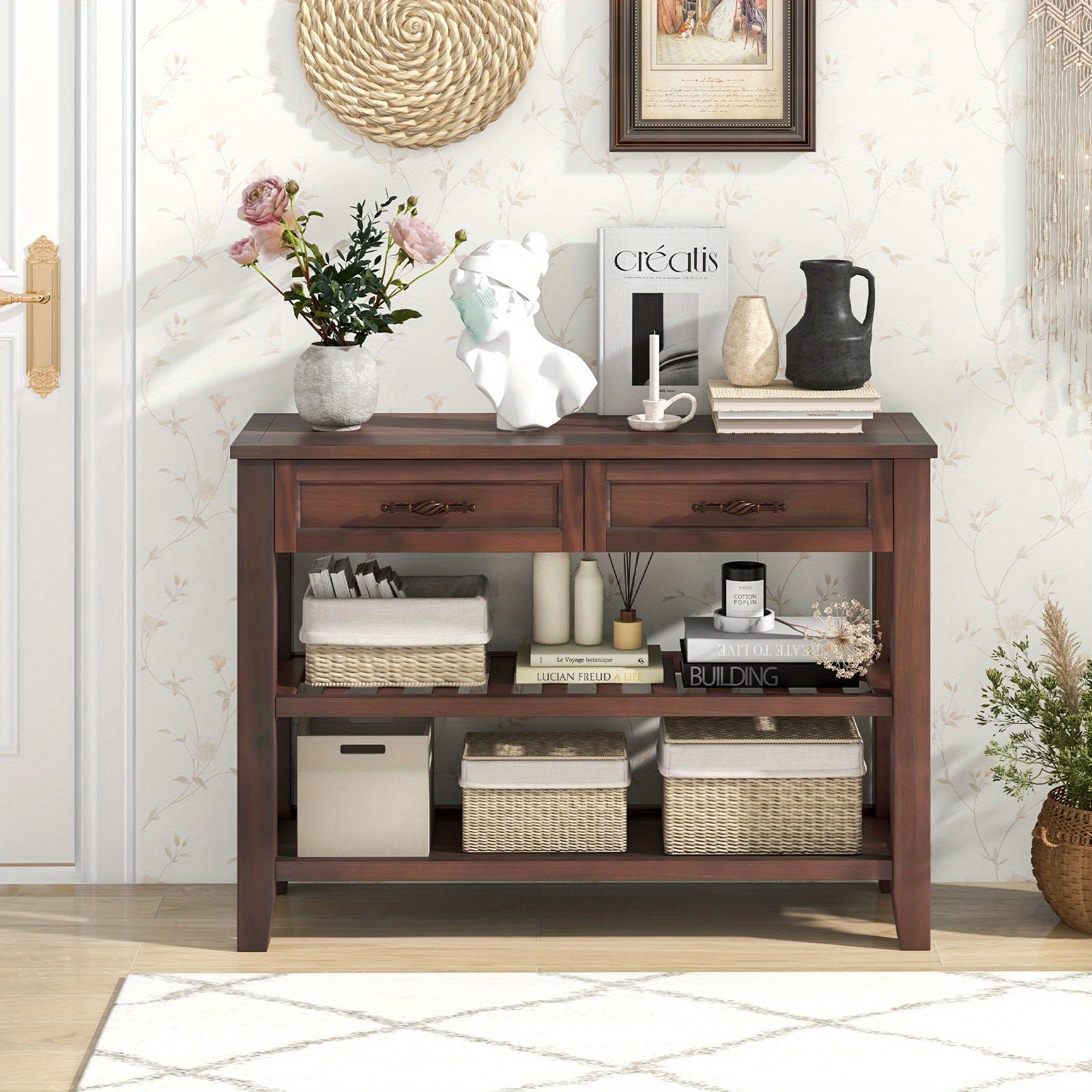 3-Tier Narrow Console Table with 2 Drawers, 2 Open Shelves, Solid Wood Legs