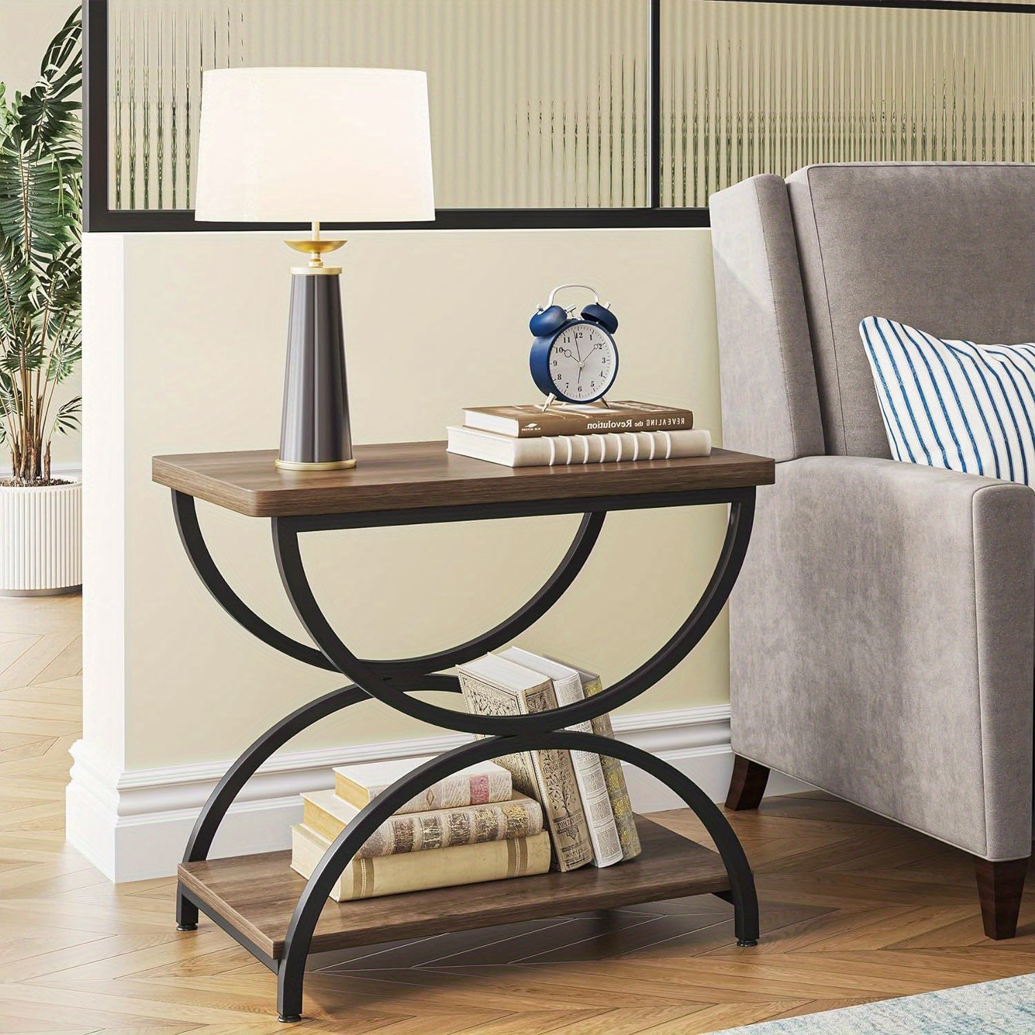 2 Tiers End Side Table with Wood Chairside Tables Living Room, 2-Tier Nightstand Bedside TableC-Shapped Metal Frame for Bedroom