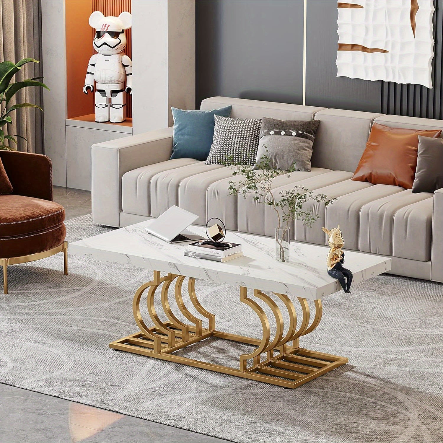 47 Inch Faux Marble Cocktail Table with Geometric Frame, Modern Coffee Table Simple Assembly, Rectangular Center Table Tea Table Accent Furniture for Living Room