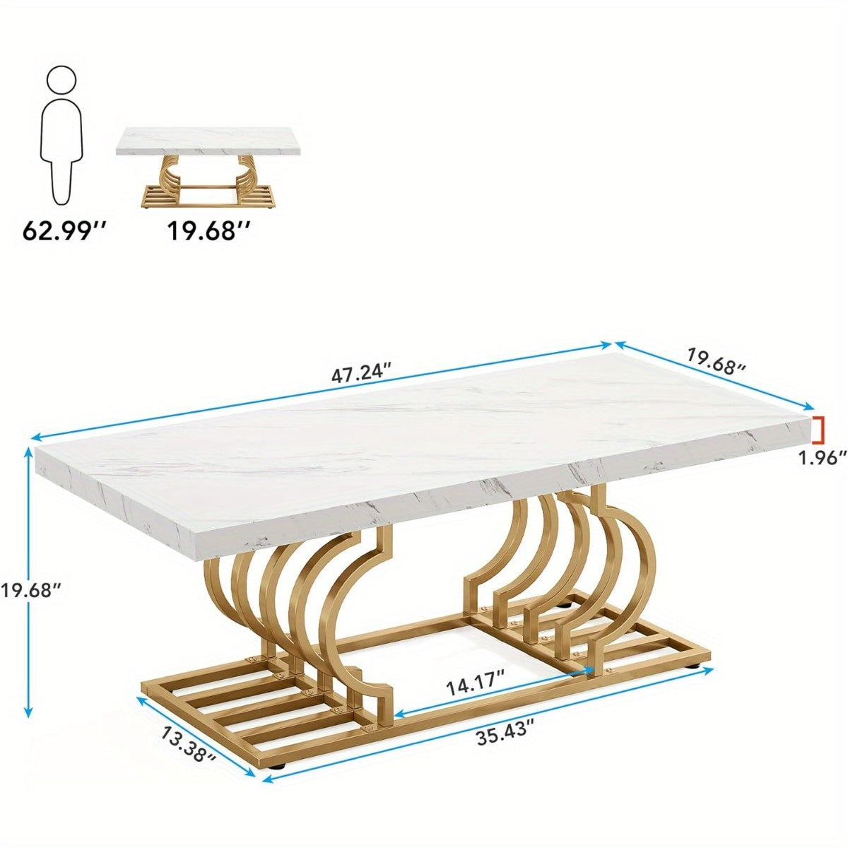 47 Inch Faux Marble Cocktail Table with Geometric Frame, Modern Coffee Table Simple Assembly, Rectangular Center Table Tea Table Accent Furniture for Living Room