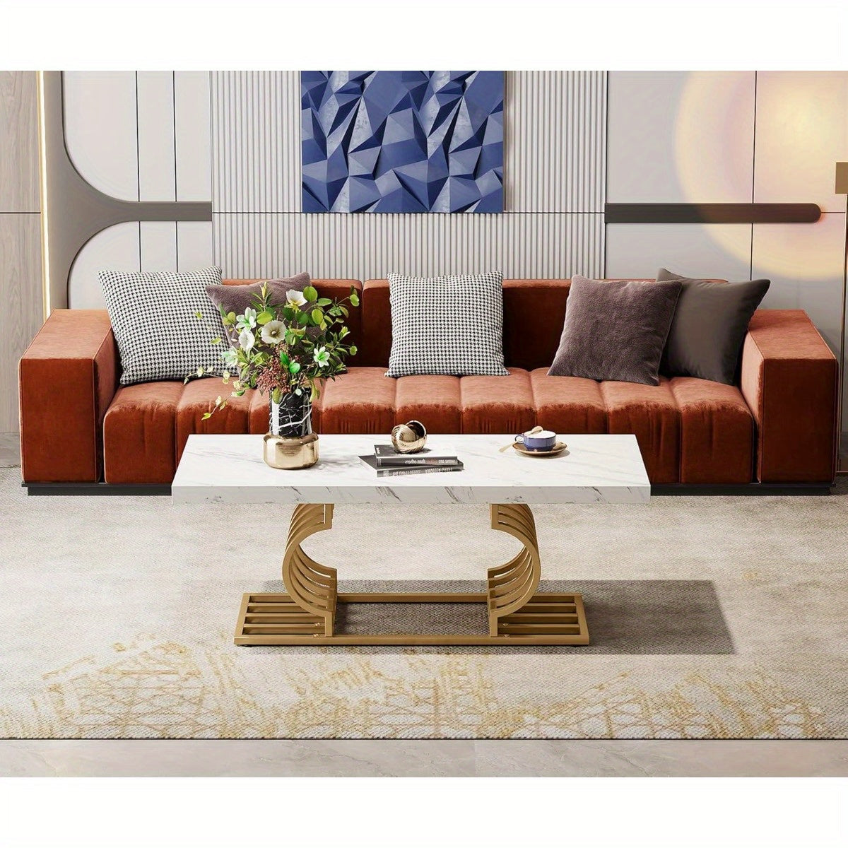 47 Inch Faux Marble Cocktail Table with Geometric Frame, Modern Coffee Table Simple Assembly, Rectangular Center Table Tea Table Accent Furniture for Living Room