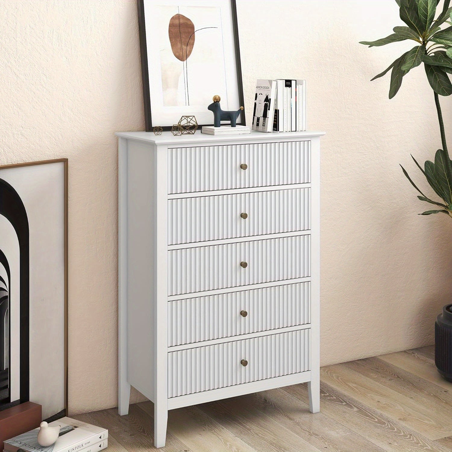 White Fluted 5 Drawer Dresser for Bedroom, Tall Chest of Drawers with Ball Bearing Slide, Waterproof Lacquered Desktop, Modern Wood Storage Cabinet for Living Room