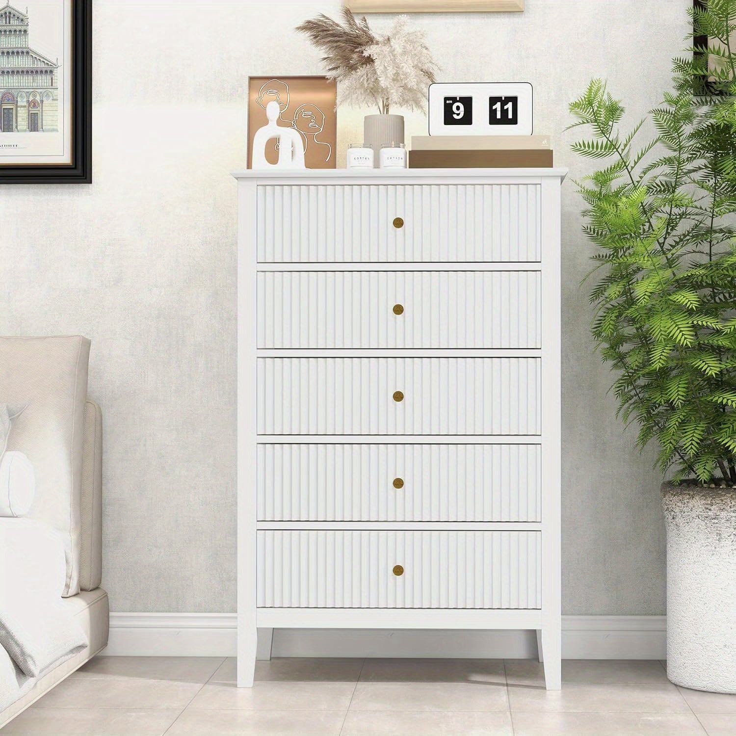 White Fluted 5 Drawer Dresser for Bedroom, Tall Chest of Drawers with Ball Bearing Slide, Waterproof Lacquered Desktop, Modern Wood Storage Cabinet for Living Room