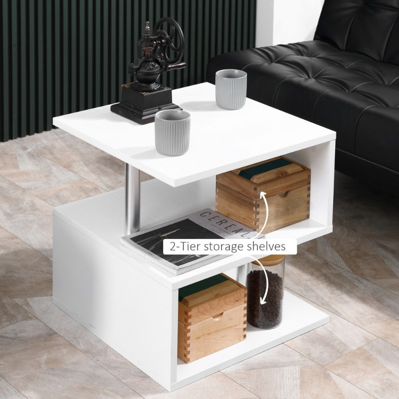 20" Modern End Table, Accent Side Table, S-Shaped Coffee Table with Storage Shelf and Steel Poles, White