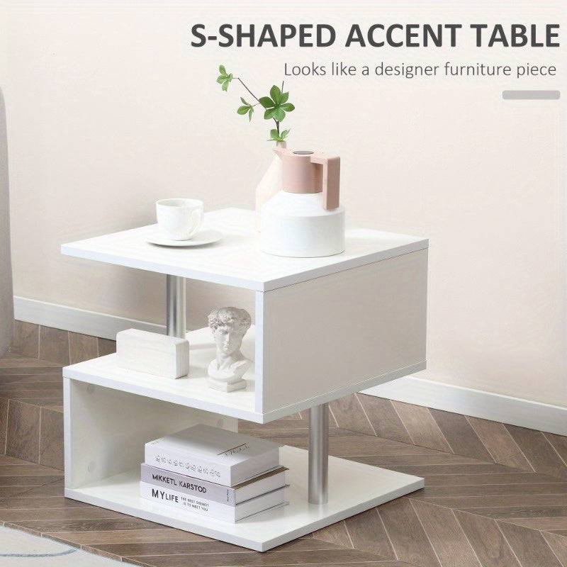 20" Modern End Table, Accent Side Table, S-Shaped Coffee Table with Storage Shelf and Steel Poles, White