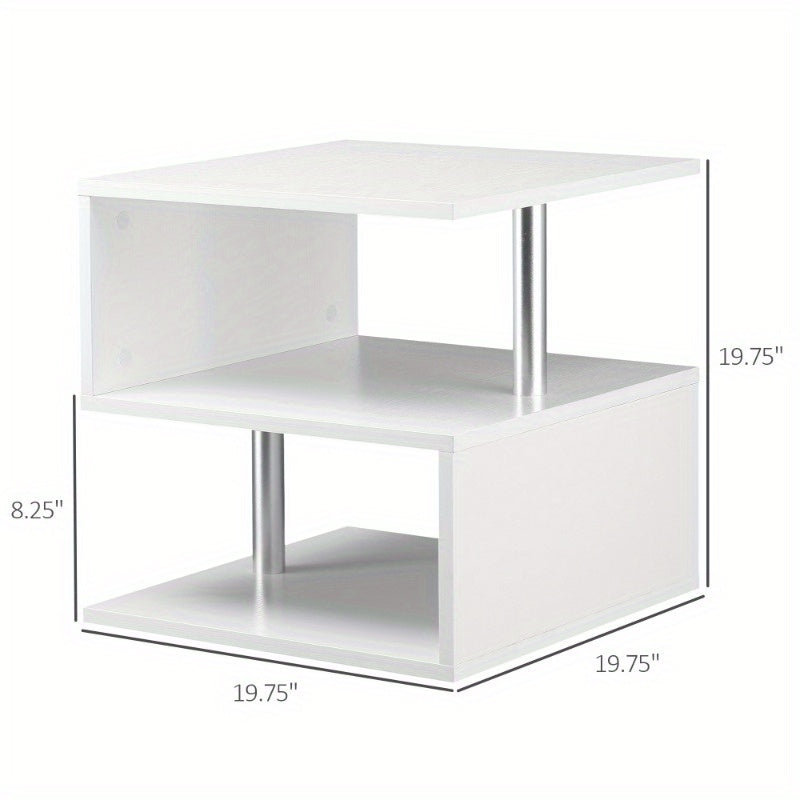 20" Modern End Table, Accent Side Table, S-Shaped Coffee Table with Storage Shelf and Steel Poles, White