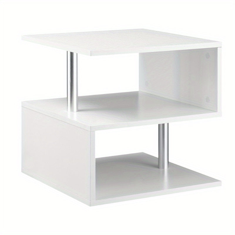 20" Modern End Table, Accent Side Table, S-Shaped Coffee Table with Storage Shelf and Steel Poles, White