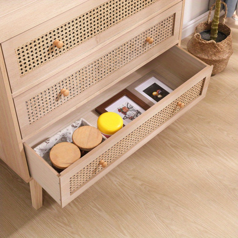 80cm 3-Drawers Chest of Drawers Rattan Storage Cabinet Rattan Drawer Chest For Bedroom Living Room Natural - Dresser