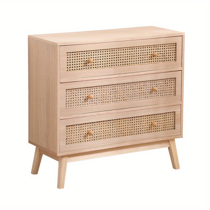 80cm 3-Drawers Chest of Drawers Rattan Storage Cabinet Rattan Drawer Chest For Bedroom Living Room Natural - Dresser