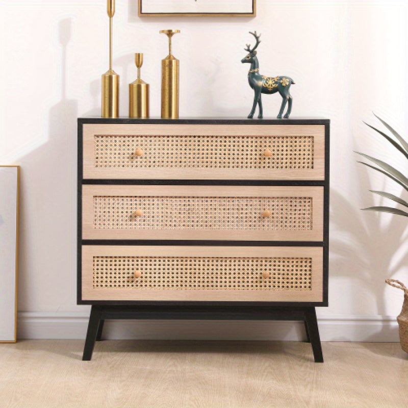 80cm 3-Drawers Chest of Drawers Rattan Storage Cabinet Rattan Drawer Chest For Bedroom Living Room Natural - Black