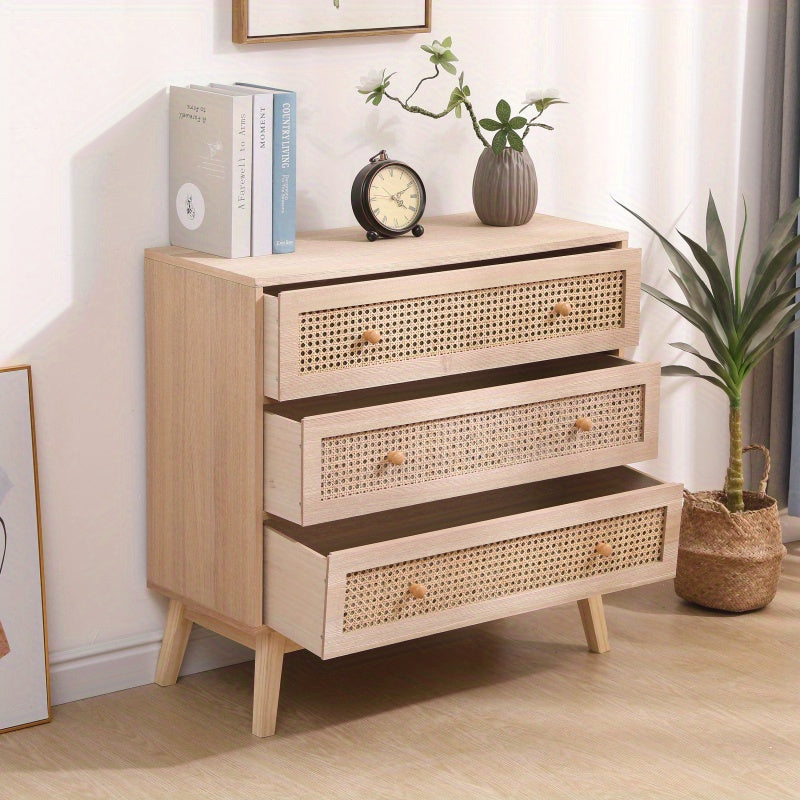 31.5 inch 3-Drawers Chest of Drawers Rattan Storage Cabinet Rattan Drawer Chest, For Bedroom, Living Room, Natural