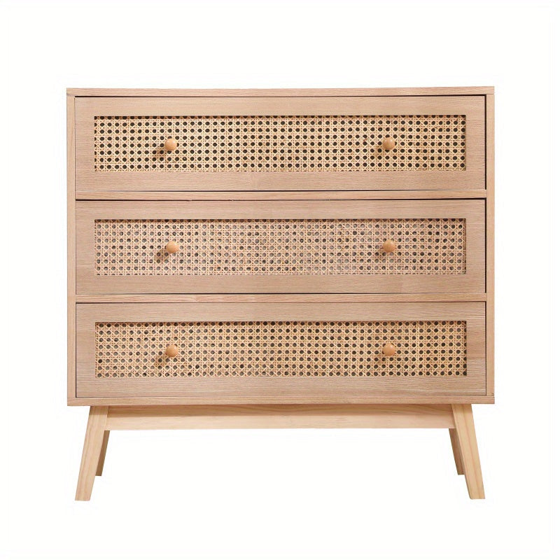 31.5 inch 3-Drawers Chest of Drawers Rattan Storage Cabinet Rattan Drawer Chest, For Bedroom, Living Room, Natural