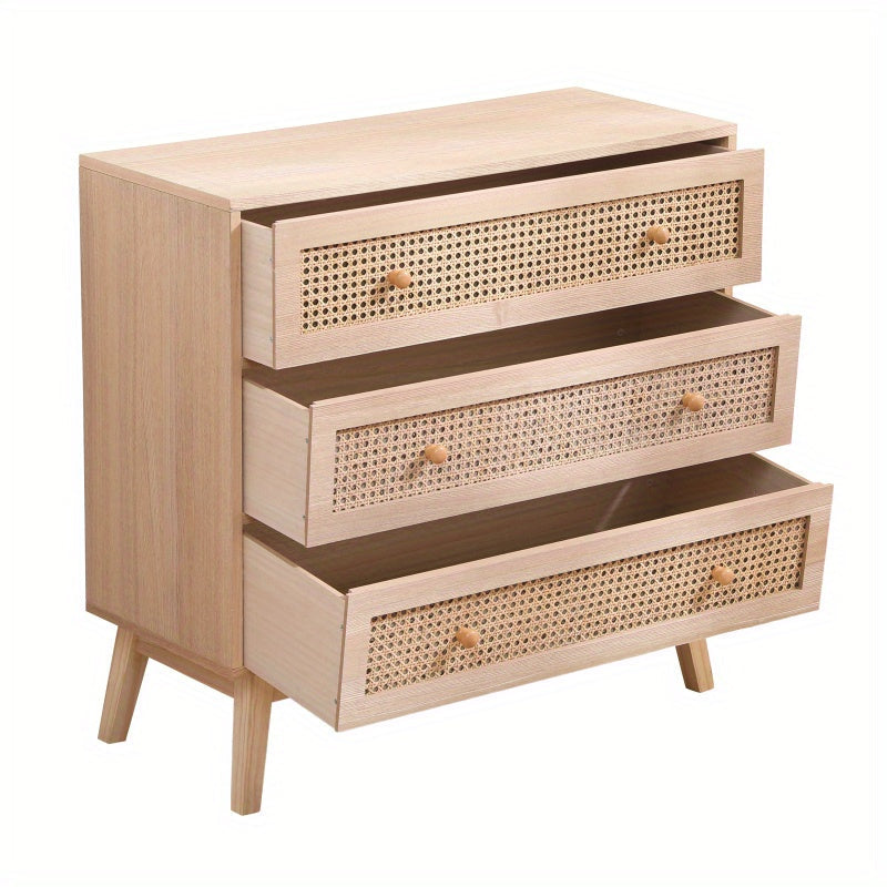 31.5 inch 3-Drawers Chest of Drawers Rattan Storage Cabinet Rattan Drawer Chest, For Bedroom, Living Room, Natural