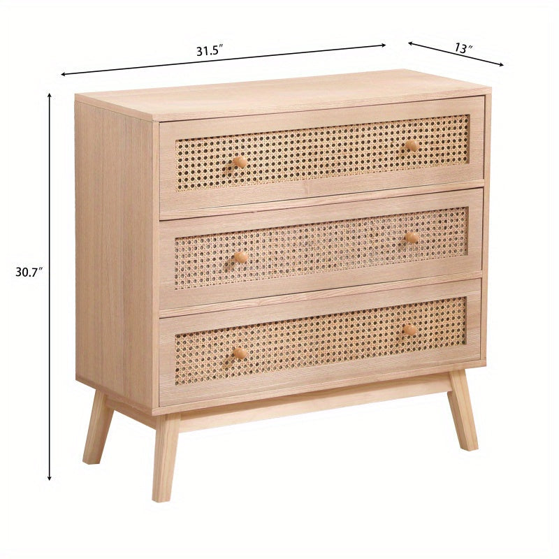 31.5 inch 3-Drawers Chest of Drawers Rattan Storage Cabinet Rattan Drawer Chest, For Bedroom, Living Room, Natural