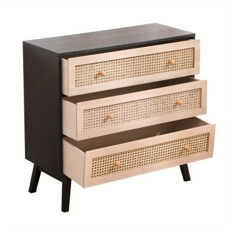 31.5 inch 3-Drawers Chest of Drawers Rattan Storage Cabinet Rattan Drawer Chest, For Bedroom, Living Room, Natural