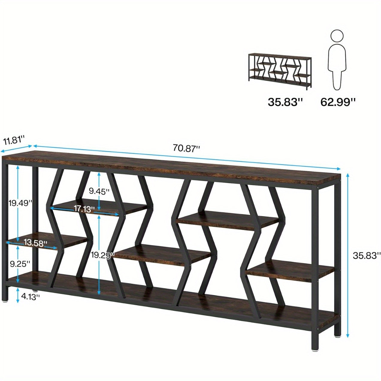 4 Tier Industrial Extra Long Narrow Entryway Accent Tables for Hallway, Living Room, Foyer, 70.9 Inches Sofa Console Table with Wood Storage Shelves