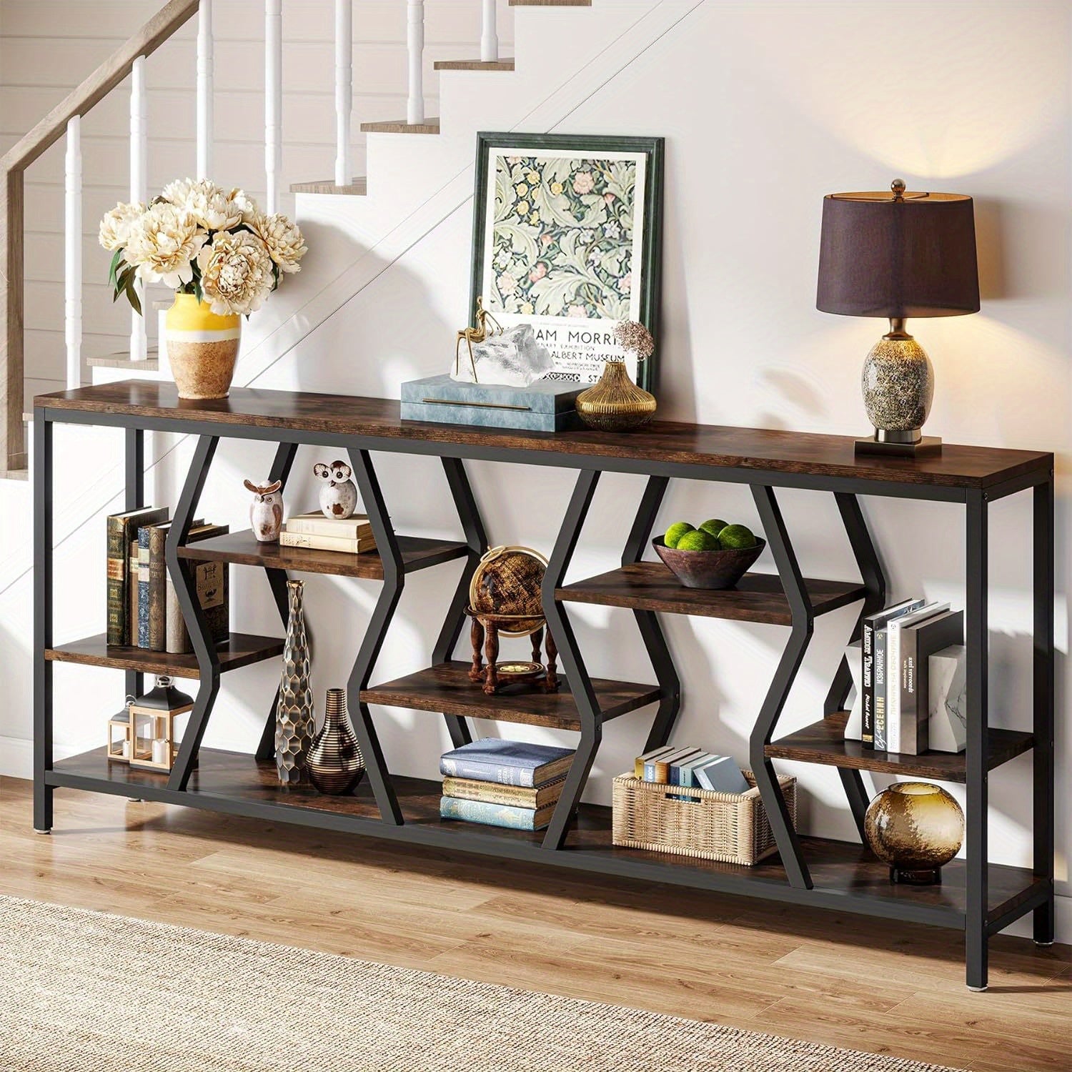 4 Tier Industrial Extra Long Narrow Entryway Accent Tables for Hallway, Living Room, Foyer, 70.9 Inches Sofa Console Table with Wood Storage Shelves