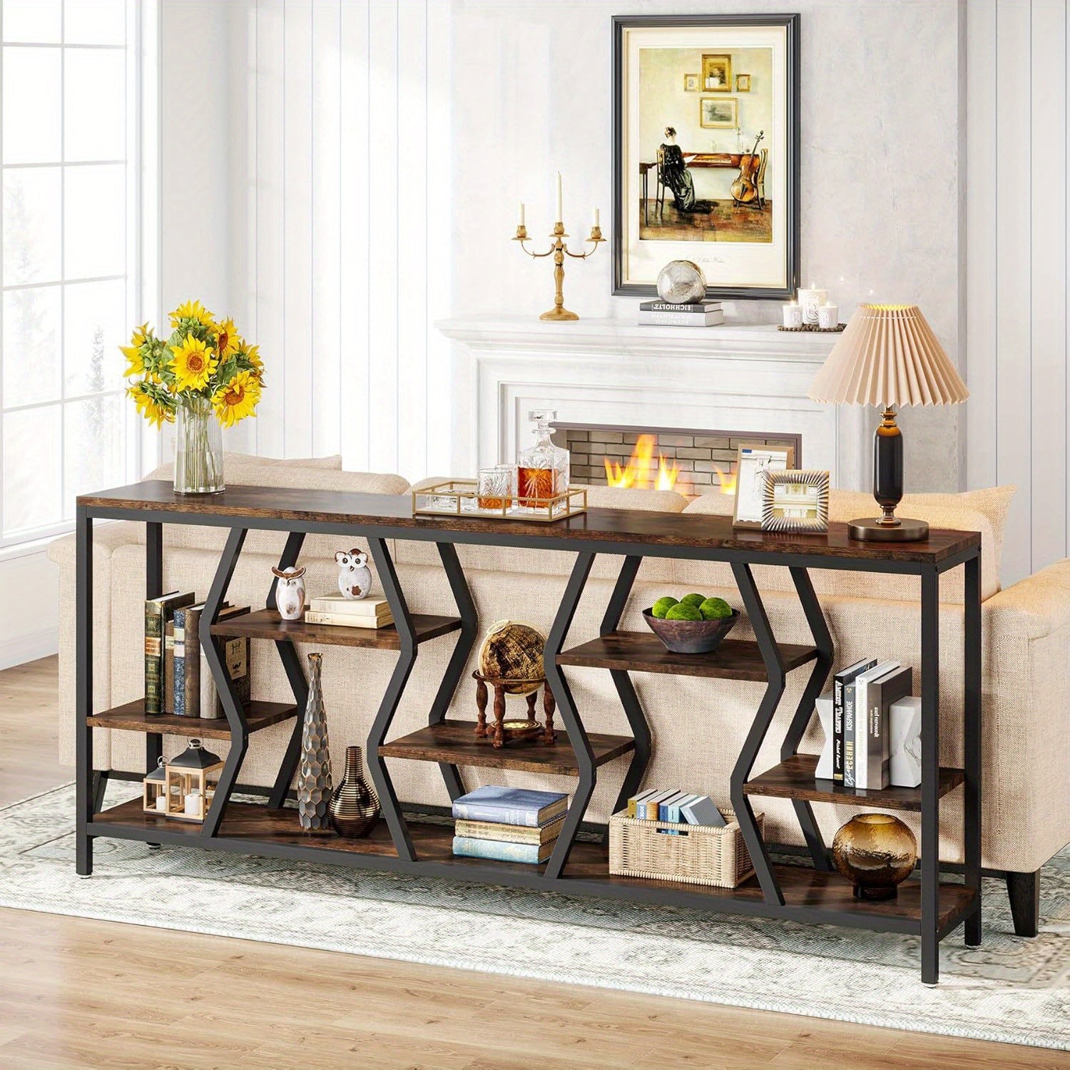 4 Tier Industrial Extra Long Narrow Entryway Accent Tables for Hallway, Living Room, Foyer, 70.9 Inches Sofa Console Table with Wood Storage Shelves